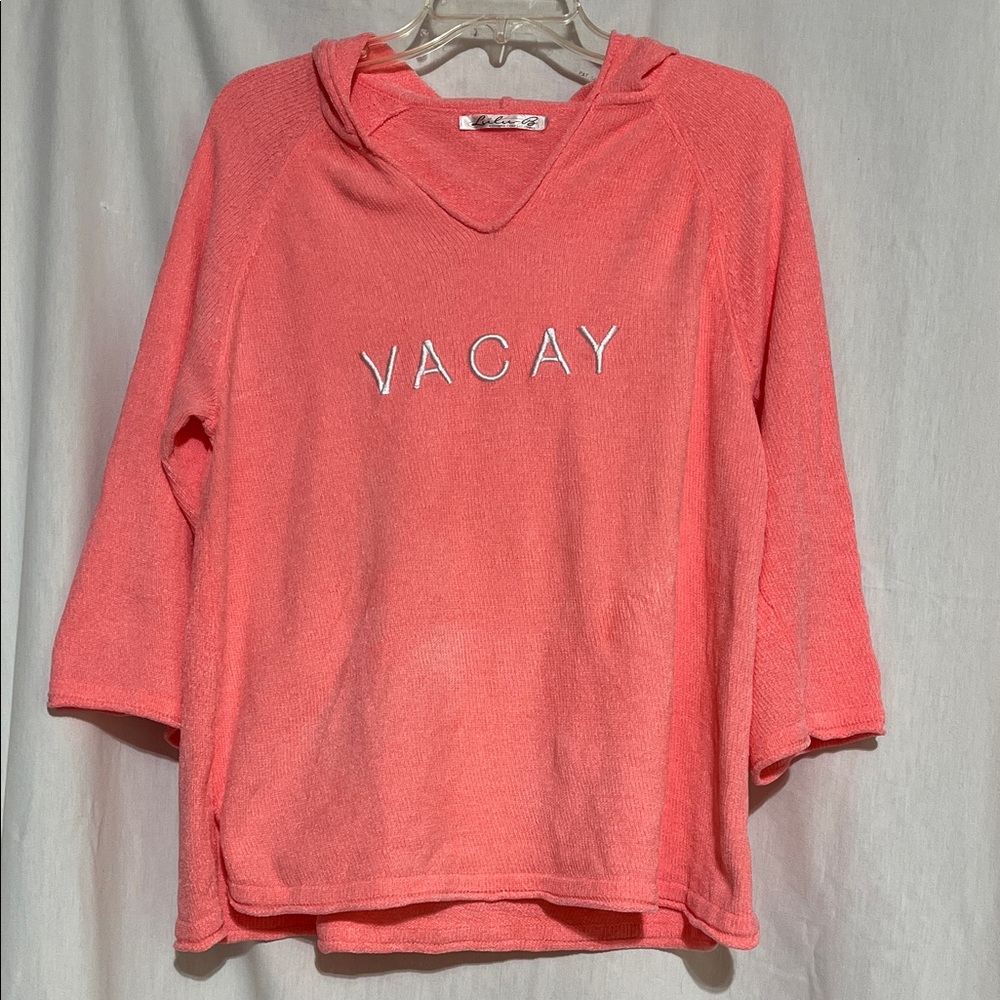 Lulu-B Coral Terry 3/4 sleeves embroidered peach v-neck Hoodie pullover large